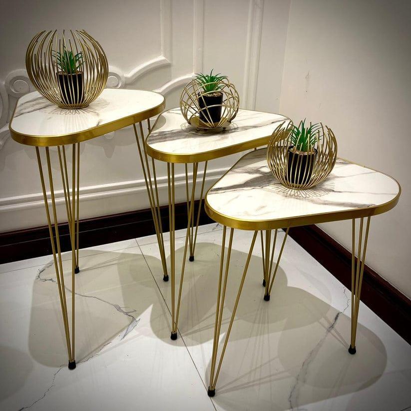 Luxury White Marble Nesting Tables Set - Golden Hairpin Legs (Set of 3) | Premium Living Room Furniture