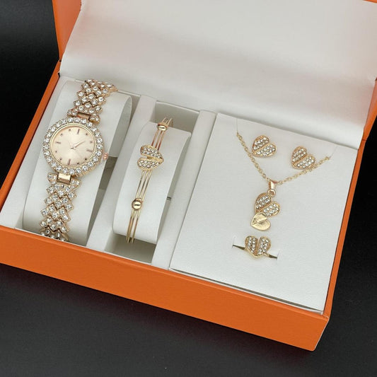 Cross-border explosive sale of women's watches diamond accessories 5pcs suit new gem quartz watch wome