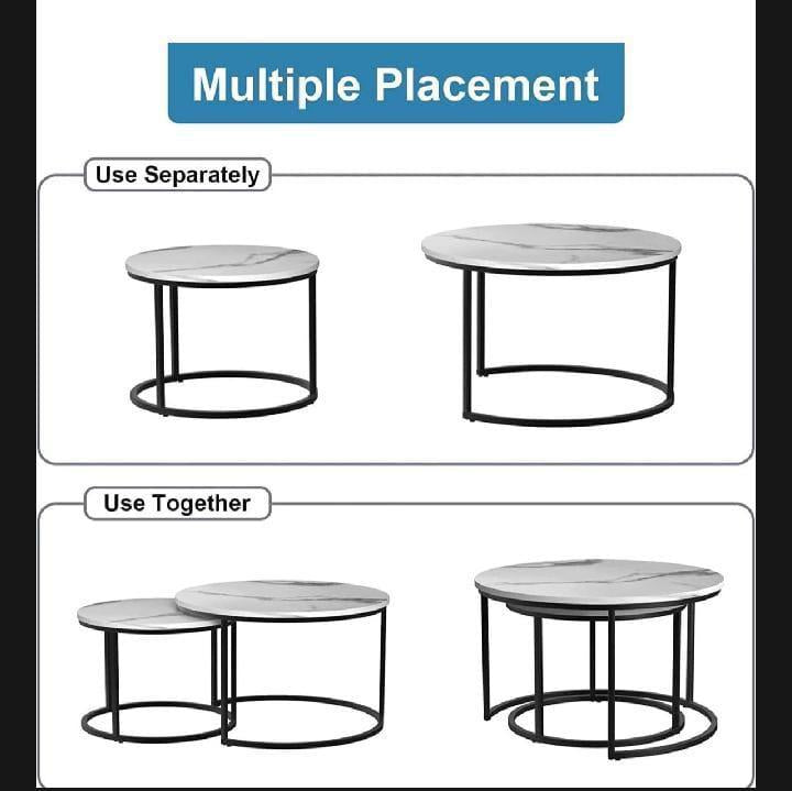 Modern Nesting Coffee Tables Set - 2-Piece White Marble Top with Black Iron Base