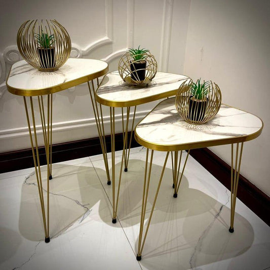 Luxury White Marble Nesting Tables Set - Golden Hairpin Legs (Set of 3) | Premium Living Room Furniture