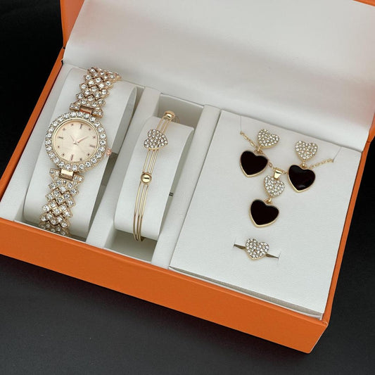 Cross-border explosive sale of women's watches diamond accessories 5pcs suit new gem quartz watch wome